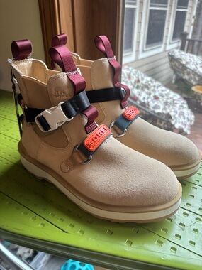 Sorel Tan Suede Ankle Boots with Burgundy Straps and Orange Logo